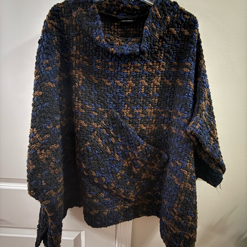 Coco and Carmen Cozy Blue and Brown Women's Poncho- Size OS